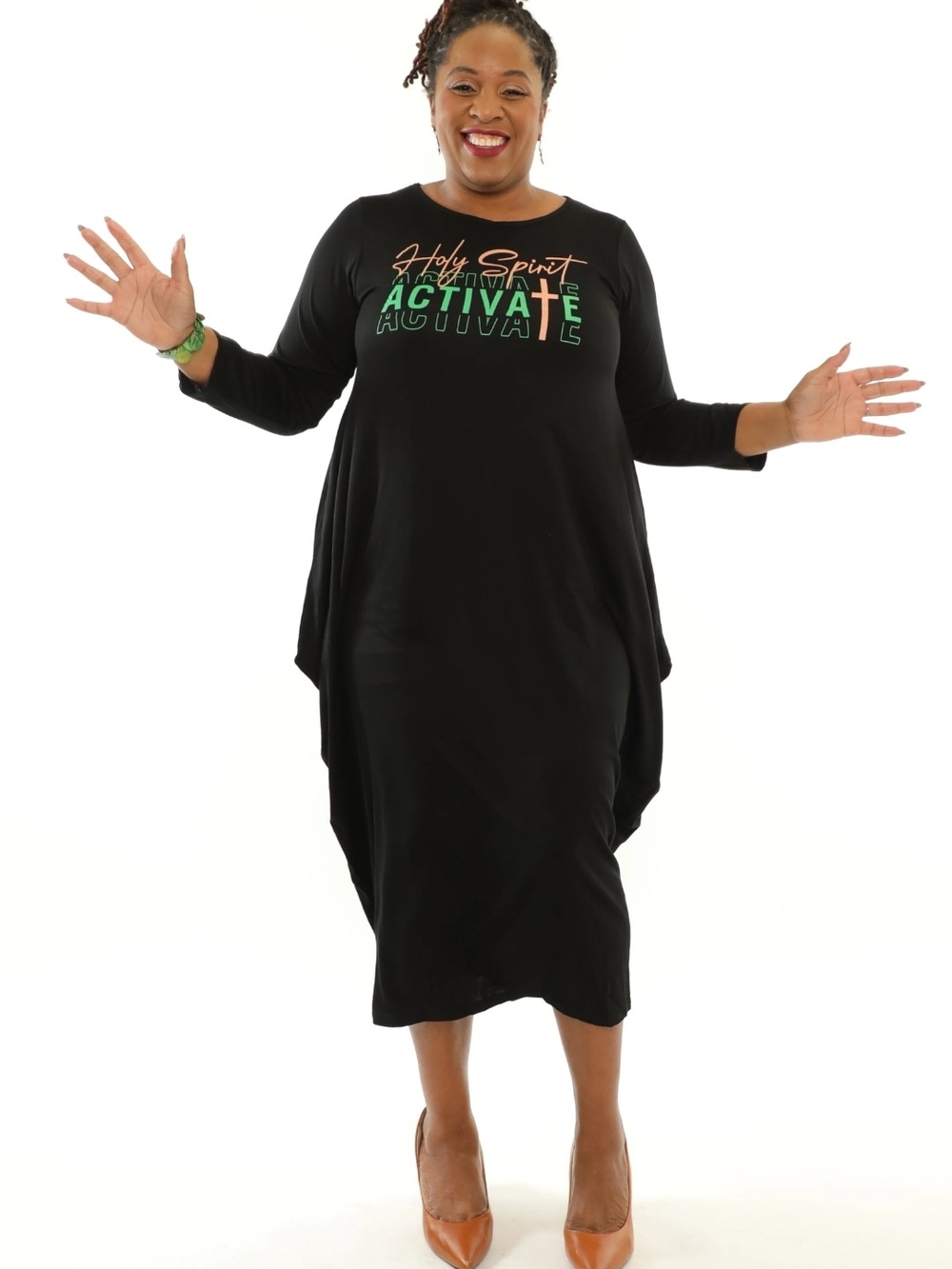 Black 'Activate' Long Sleeve Midi Dress - Holy Spirit Graphic